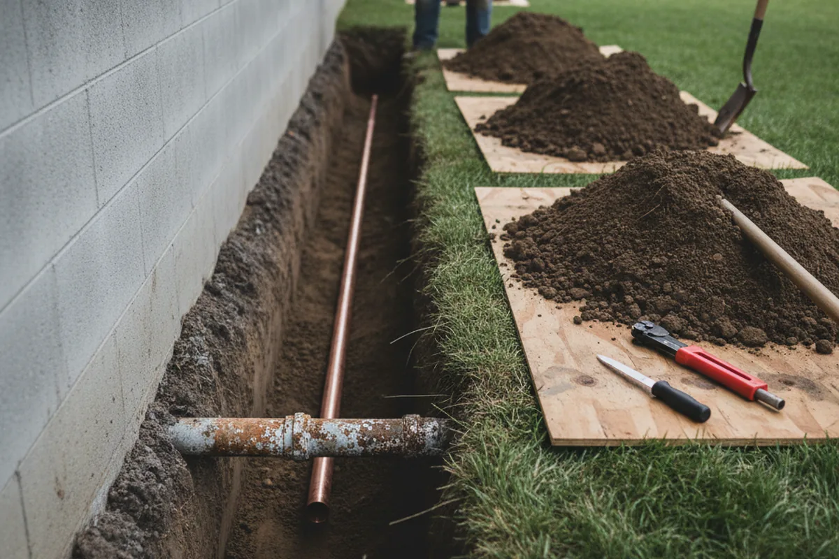 Excavated water line trench during Water Heater Repair in San Saba